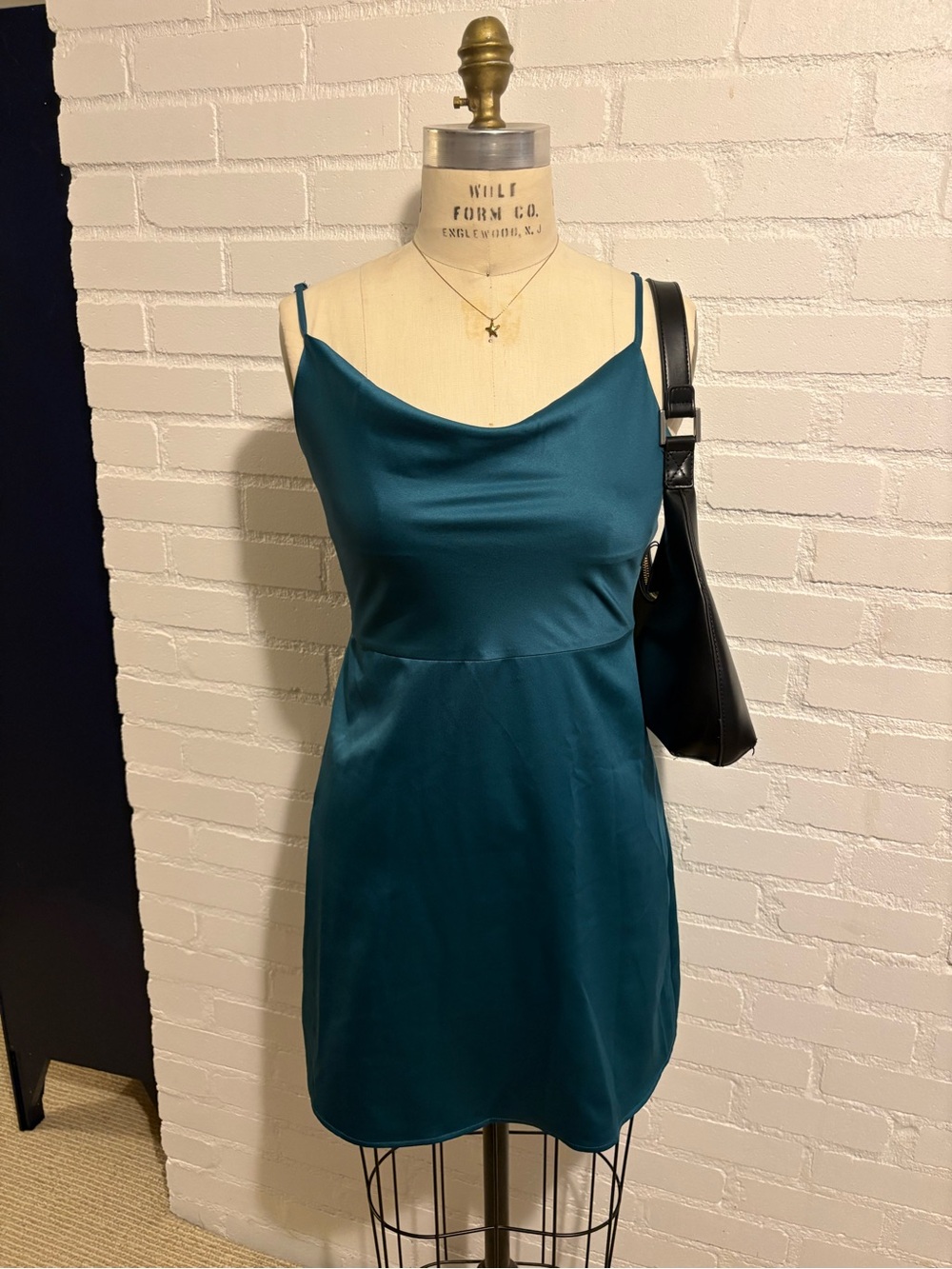Which We Want Teal Satin Slip Dress with Cowl Neck